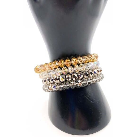 Stretch AB Crystals Statement Bracelet, Beaded Shimmer Four Strand Linked Vintag - Picture 3 of 5